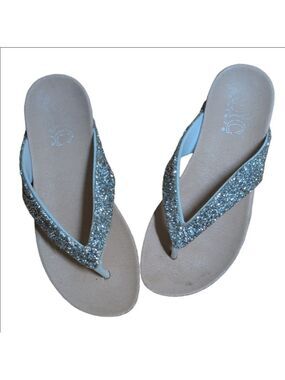 NYC Couture Girls Sparkly Silver Glitter Cork Sole Flip Flop Sandals Size EU36